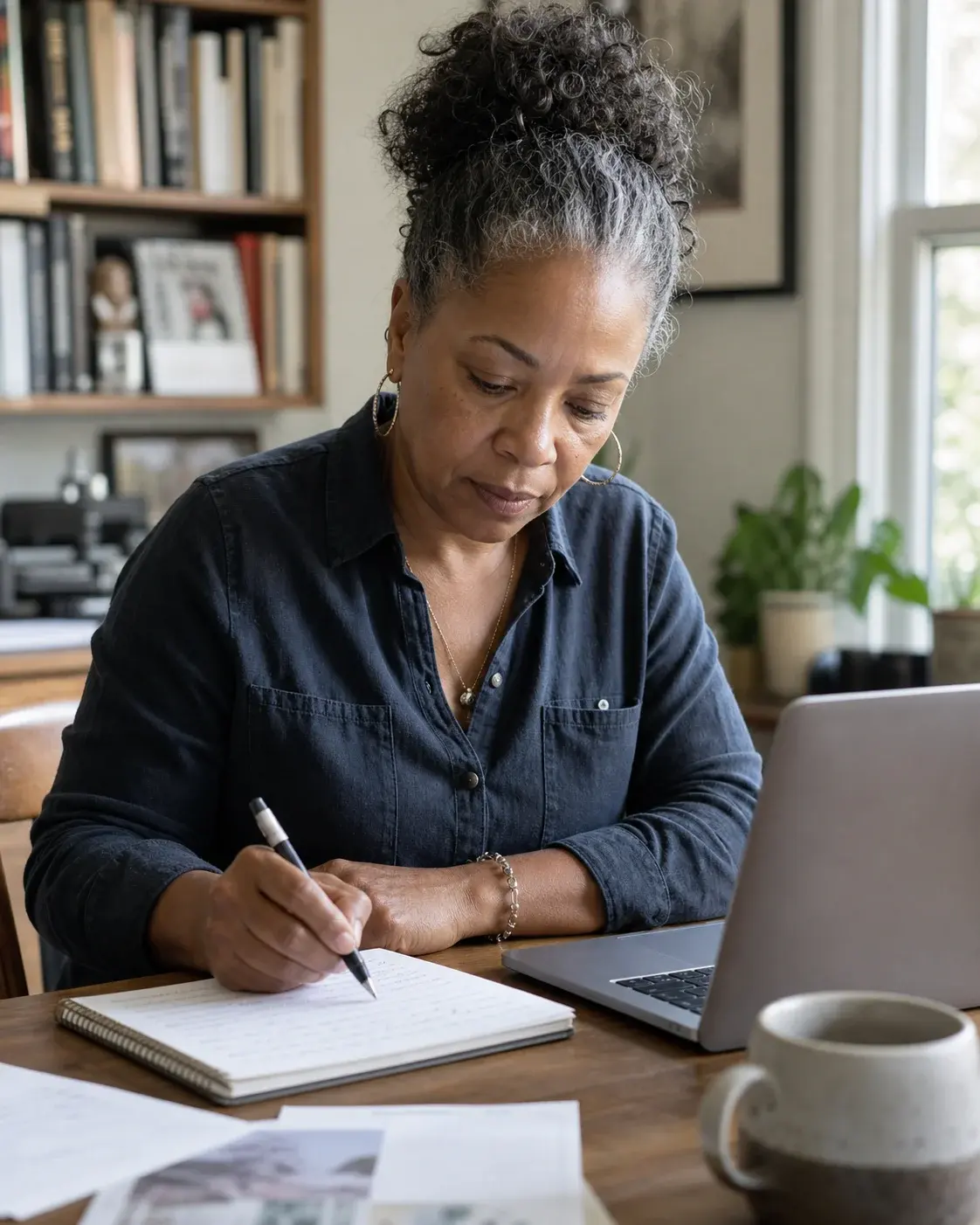 A focused professional working alone with a laptop and handwritten notes