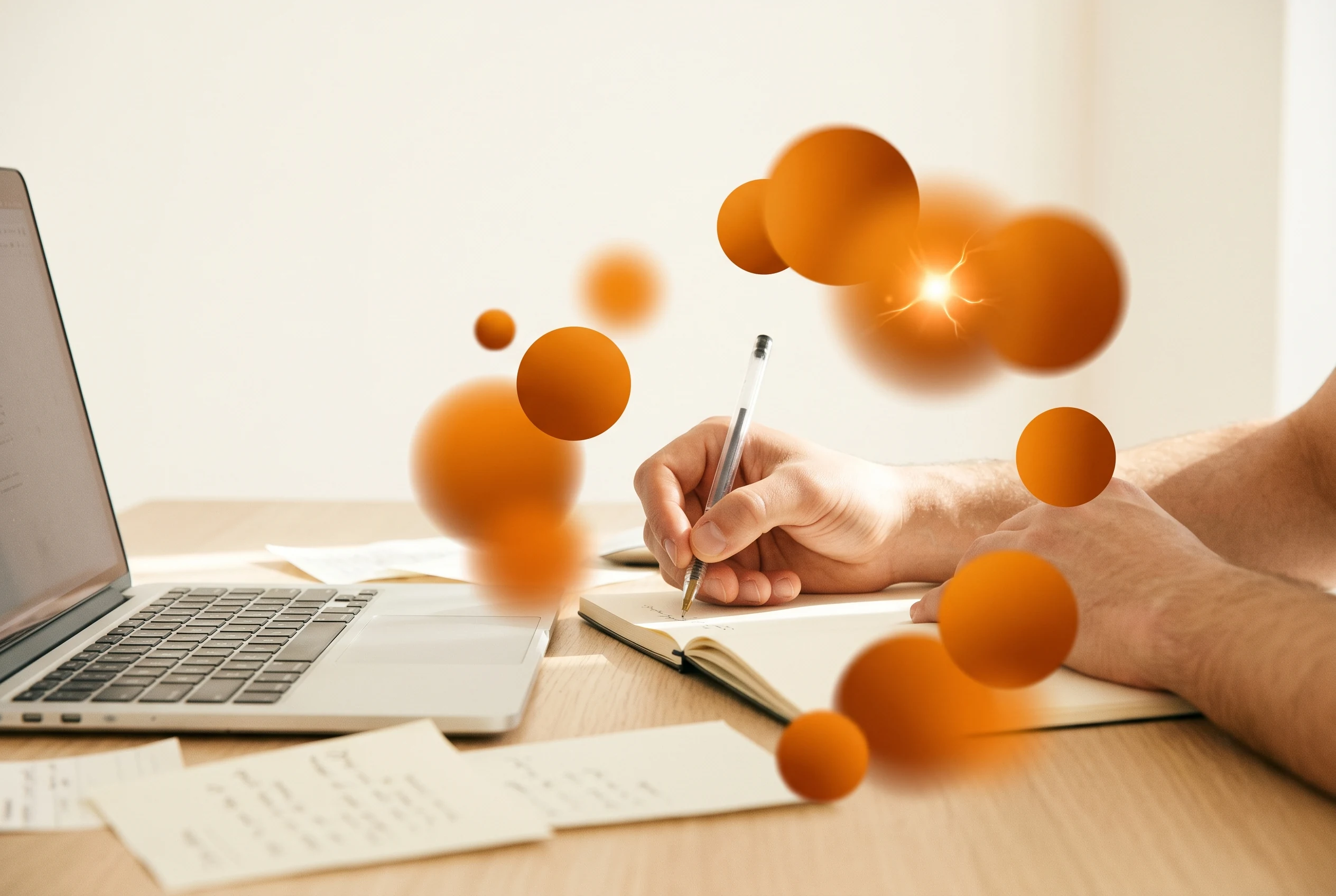A hand writing in a notebook beside a laptop — knowledge captured before it slips away.